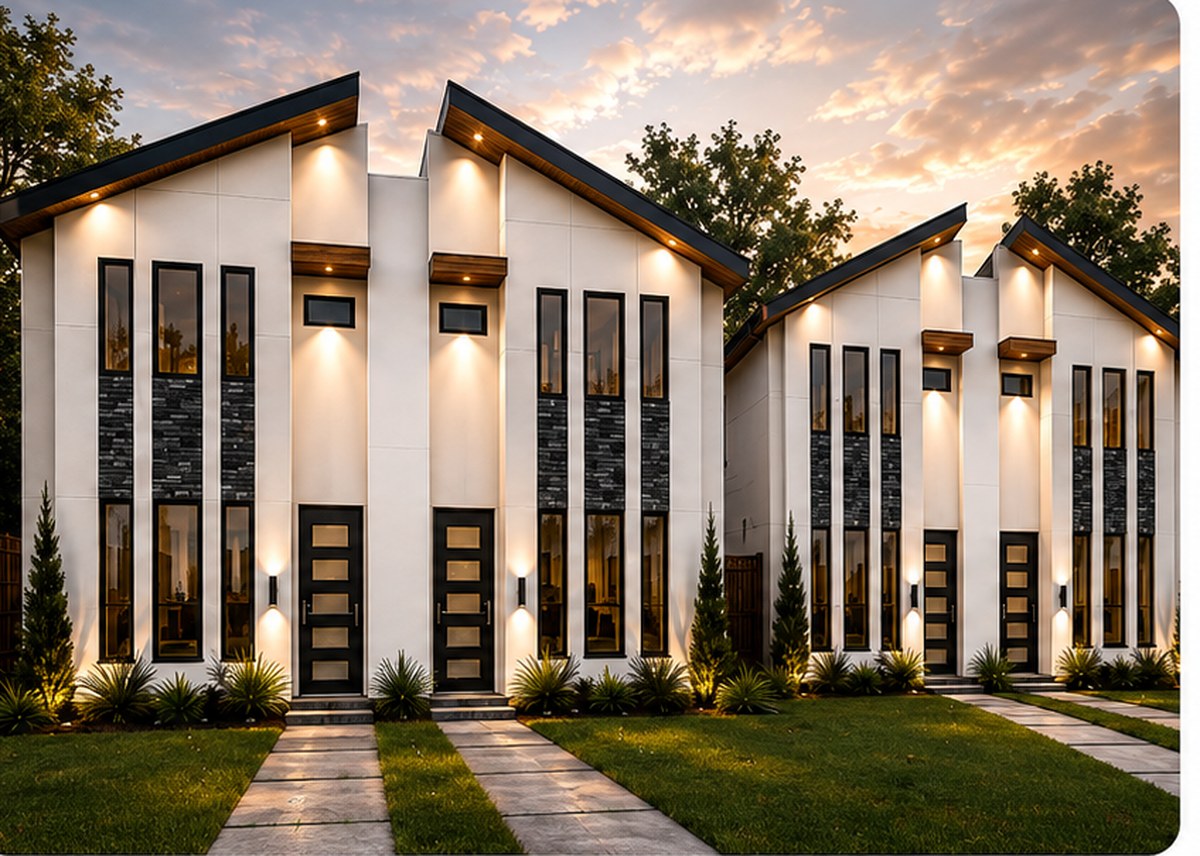 The Davis St. luxury duplex project lit at dusk