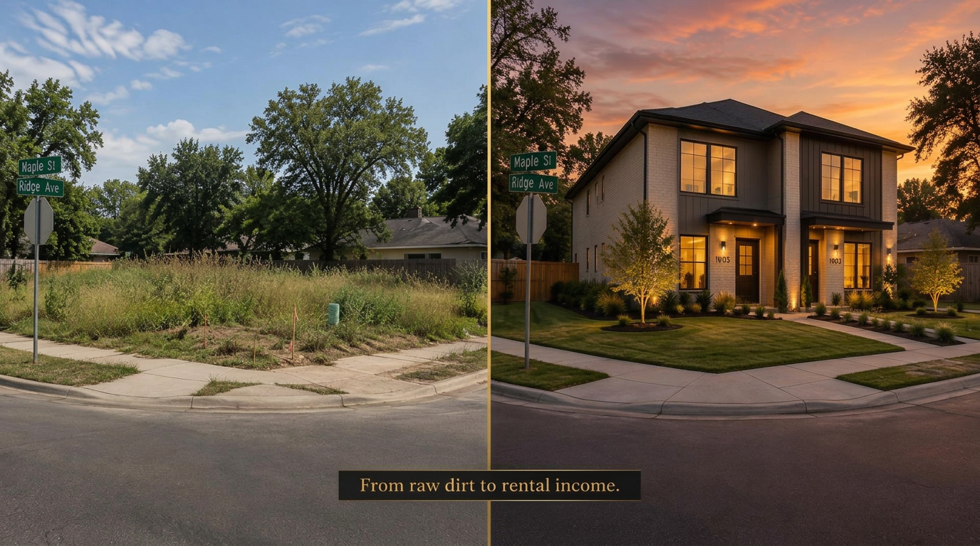 Concepto de construccion generado con IA sobre un lote real en Houston