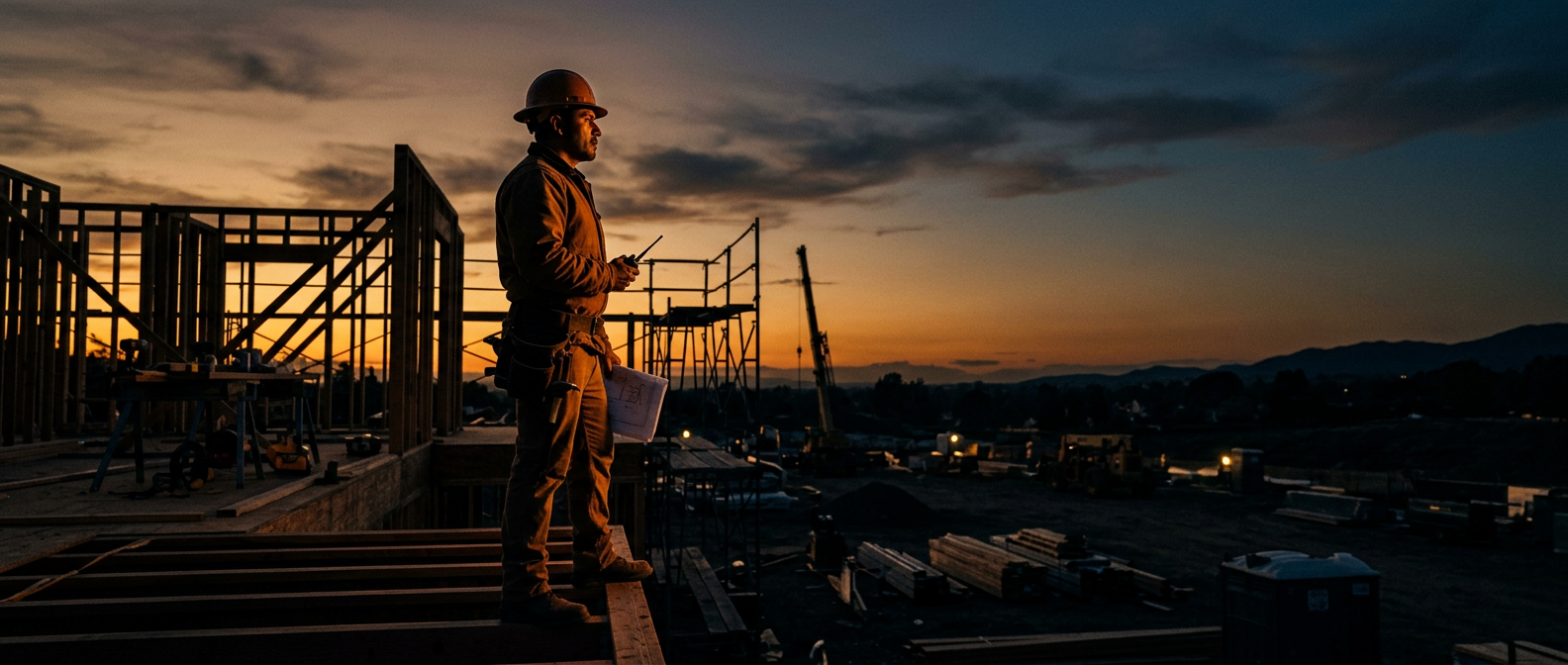 Miguel on a residential construction site at dusk