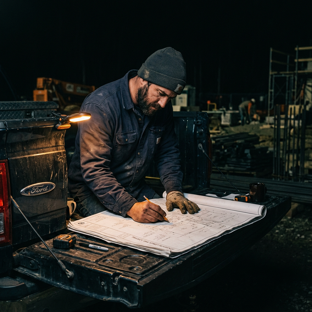 Builder reviewing house plans on site
