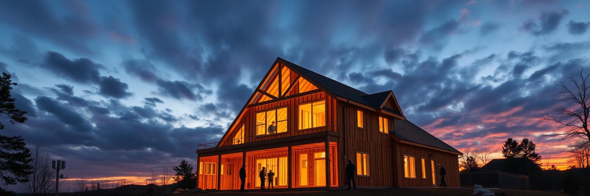 A residential spec home under construction at dusk